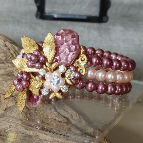 Cuff Beaded Bracelet Vintage Pink Gold Floral Beaded Rhinestones Faux Pearl - Picture 9 of 16